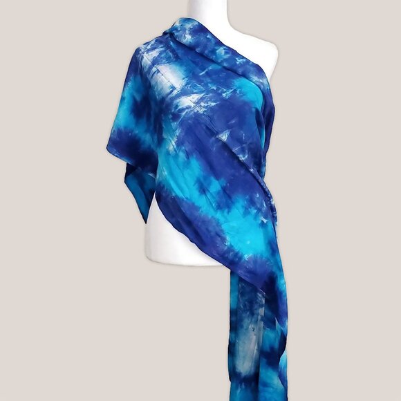 Blue Ice Tie Dye Scarf | Fringe Tie-Dye Hand-Dyed Tassel Rayon Wrap - Picture 1 of 2